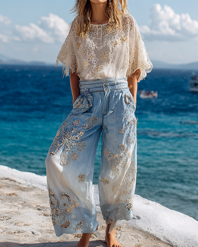 Summer Vacation Floral Embroidered Linen Pants and Top 2-Piece Set c2d0