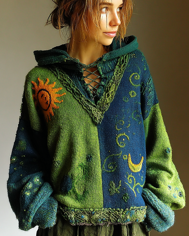 Women's Star and Moon Embroidery Contrast Color Stitching Hooded Sweatshirt 7e21