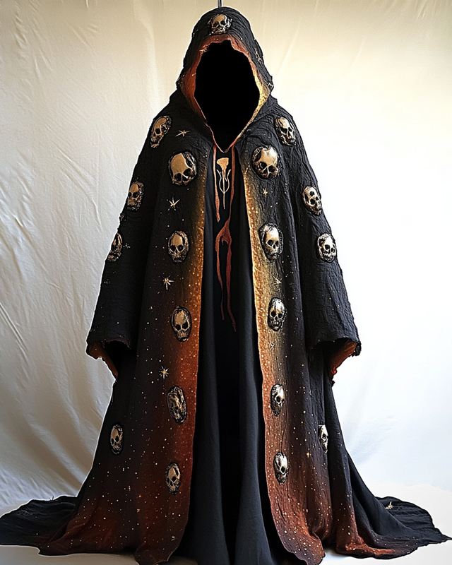 Halloween Themed Gradient Skull Embroidery Hooded Cape 995d