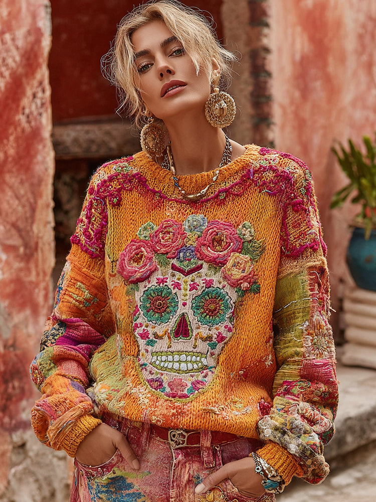 Women's Classic Mexican Sugar Skeleton Catrina Day Of The Dead Inspired Painting Embroidered Art Cozy Knitted Sweater 8c8a