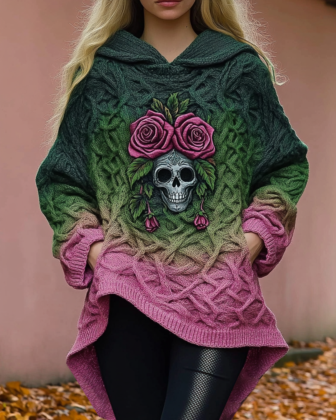 Women's Skull Embroidered Irregular Hem Knitted Hooded Sweatshirt 5224