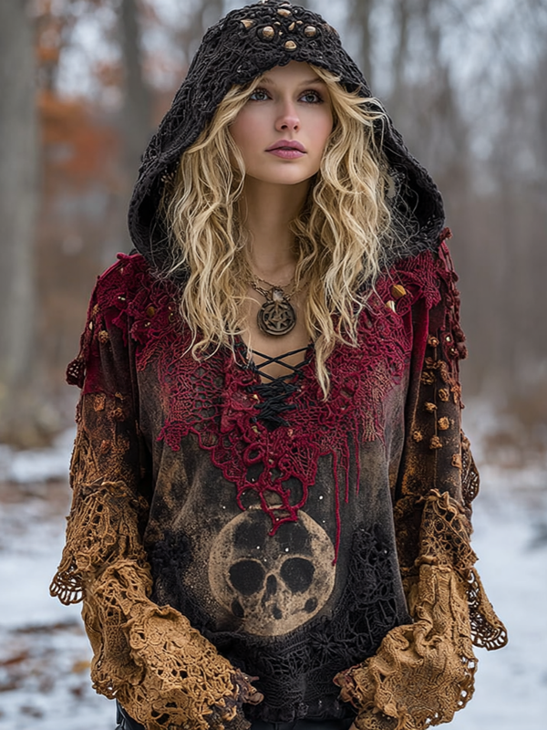 Autumn and Winter Star and Moon Patchwork Hooded Contrast Color Sweatshirt fd56