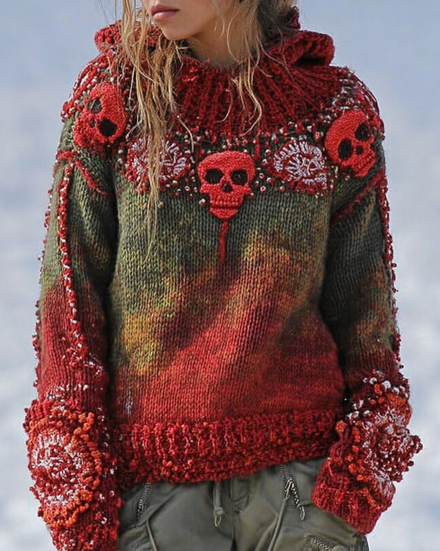 Halloween Themed Gradient Skull Knitted Hooded Sweater 5241