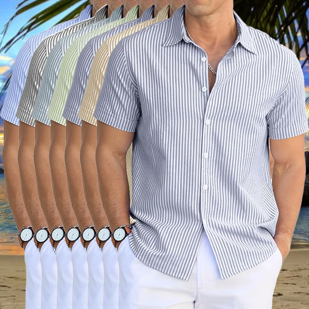 Men's Casual Button Down Shirts Short Sleeve Striped Cotton Beach Summer Vacation Shirt