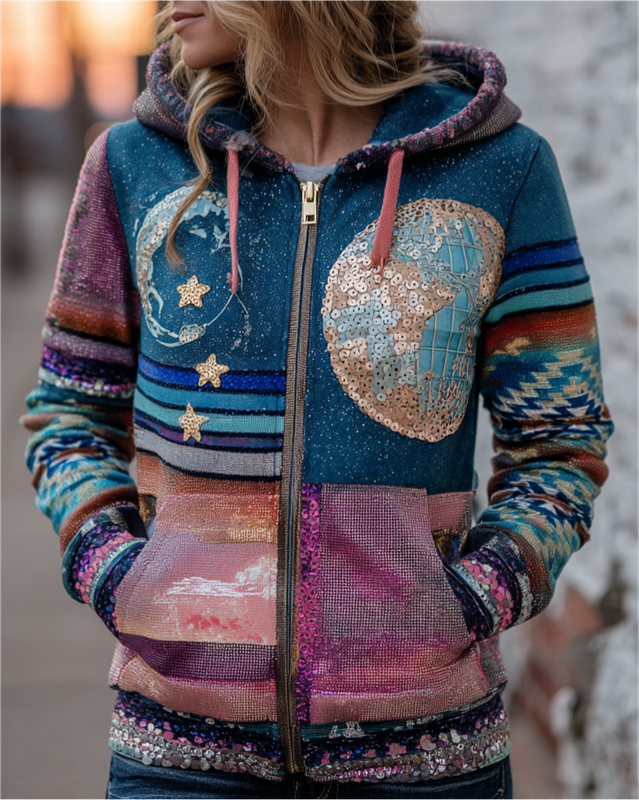 Autumn and Winter Star and Moon Patchwork Hooded Contrast Color Sweatshirt 6abd