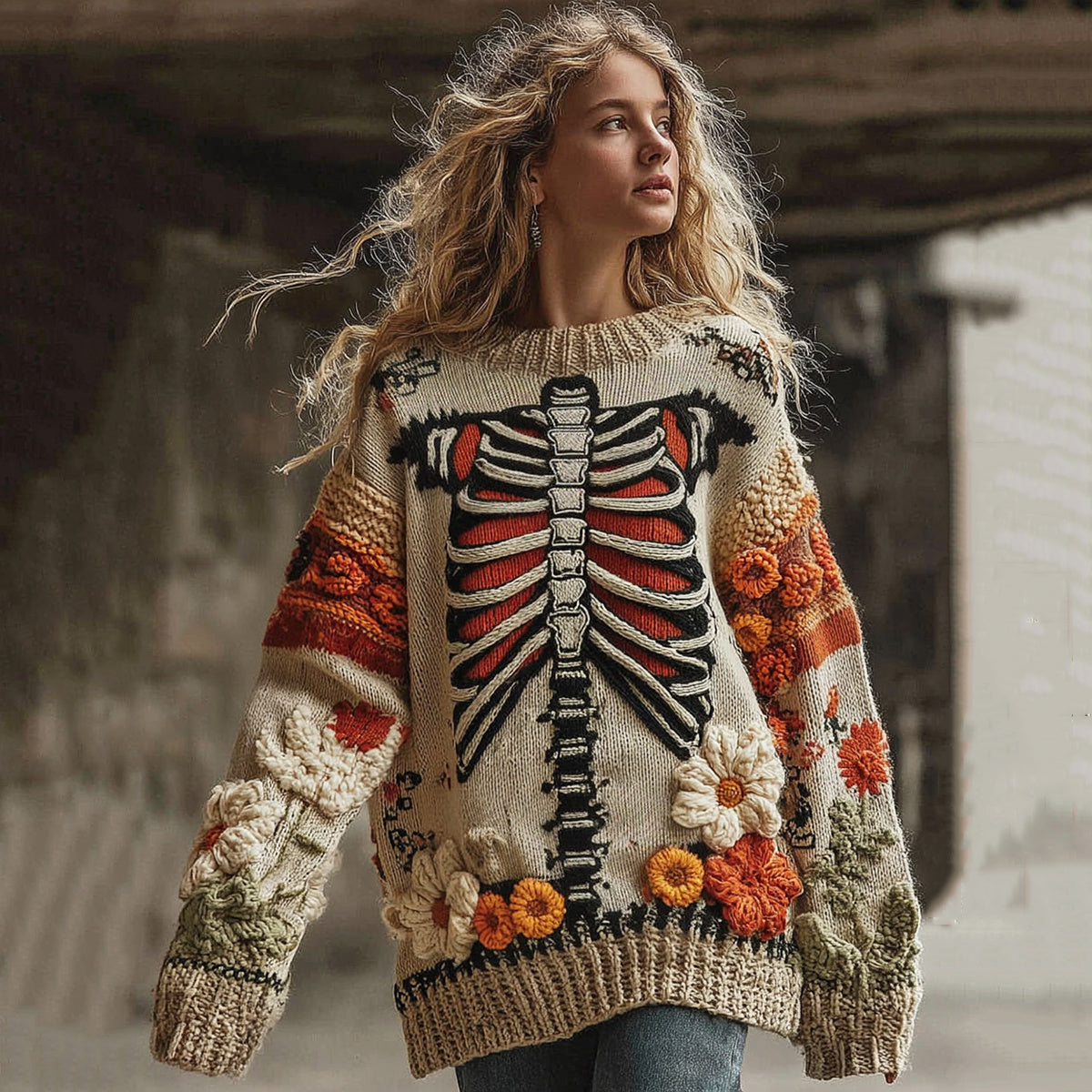 Vintage Halloween Anatomy With Floral Art Chunky Knitted Sweater d895