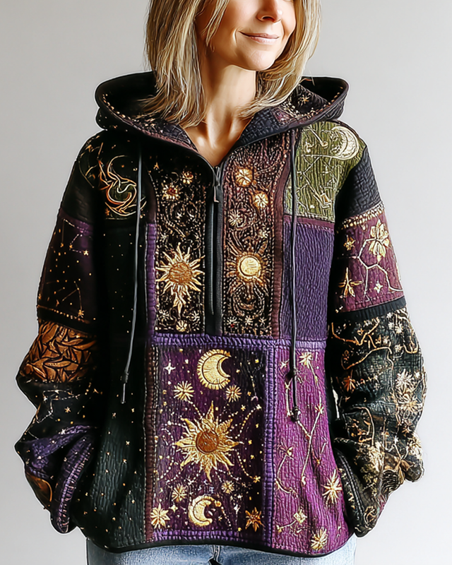 Women's Star and Moon Embroidery Contrast Color Stitching Hooded Sweatshirt d0a7