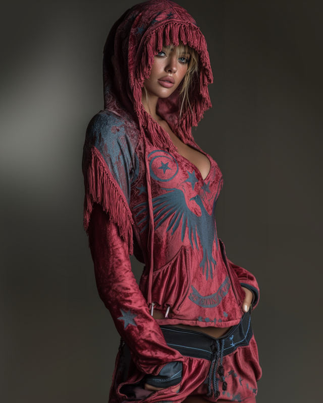 Fringed Velvet Hooded Sweatshirt ddc3