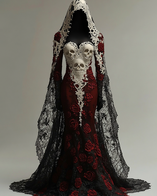 Halloween Themed  Contrasting Lace Rose And Skull Embroidered Dress 7343