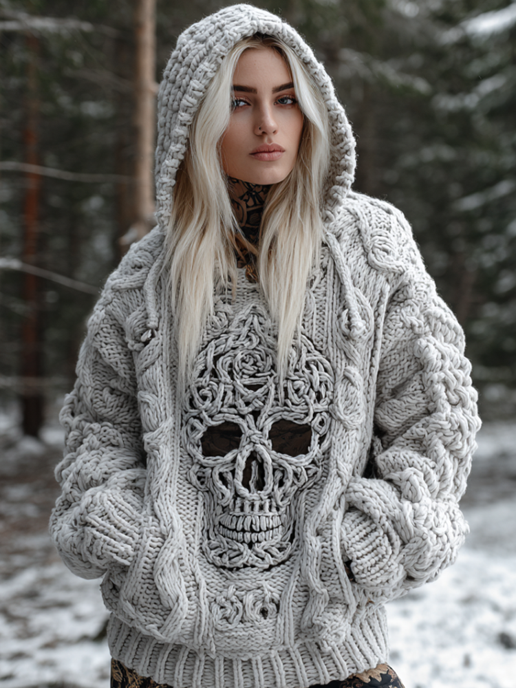 Halloween Skeleton Element Viking Style Women's Hooded Pullover Knit Sweater 44f5