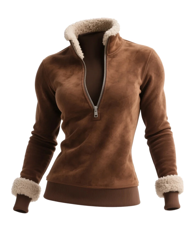 Retro Western Style Women's Suede Contrast Color Stitching 1/4 Zip Stand Collar Sweatshirt 3772