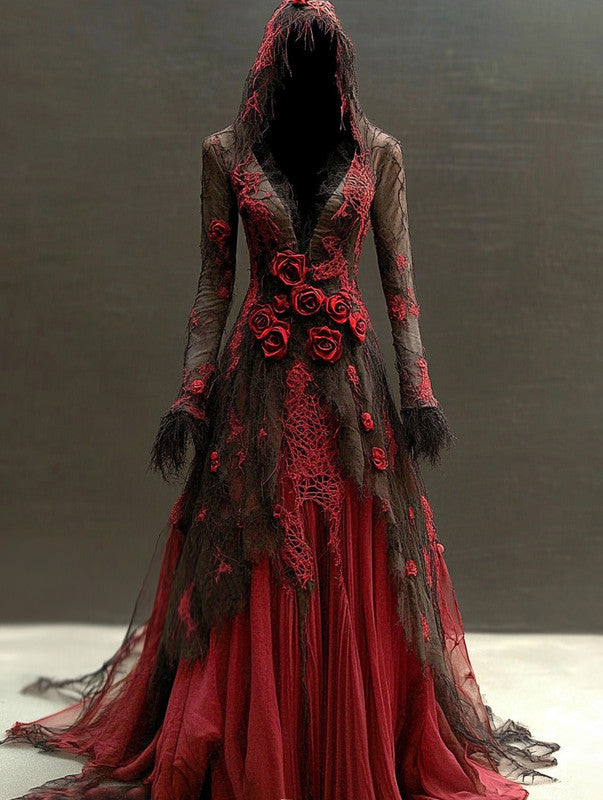 Halloween themed floral embroidered hooded dress 880c
