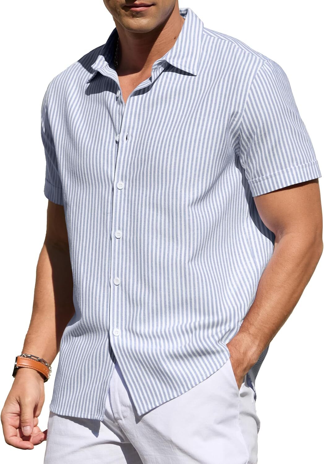 Men's Casual Button Down Shirts Short Sleeve Striped Cotton Beach Summer Vacation Shirt