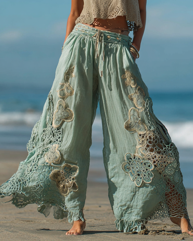Summer Vacation Floral Embroidered Lace Pants & Top Two-Piece Set 1d7b