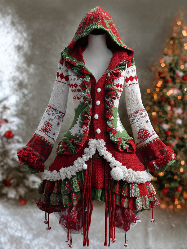 CHRISTMAS THEMED ELEGANT CONTRAST COLOR KNITTED HOODED DRESS f630