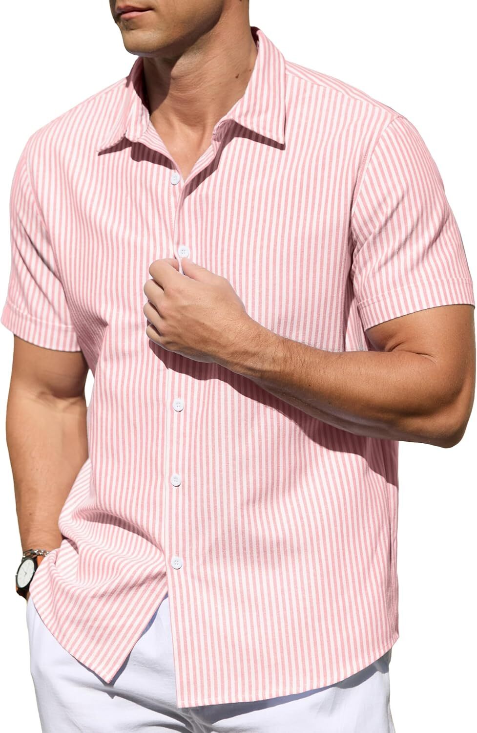 Men's Casual Button Down Shirts Short Sleeve Striped Cotton Beach Summer Vacation Shirt