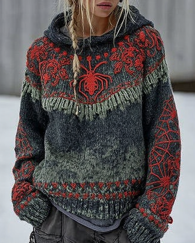 Halloween Themed Gradient Spider Knitted Hooded Sweater 840a