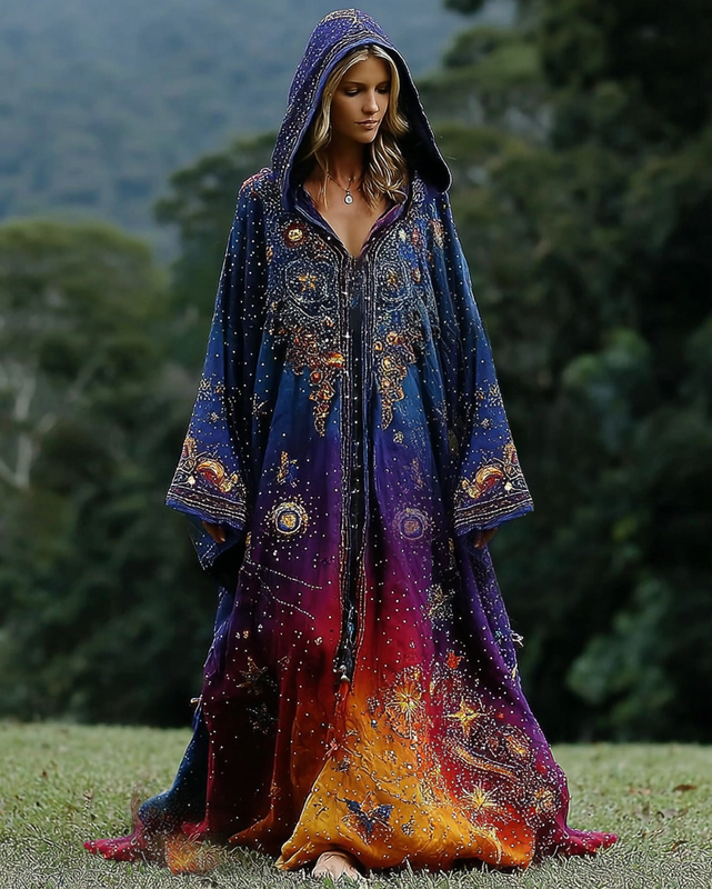 Women's star and moon embroidery tie-dye patchwork hooded kaftan e6dc
